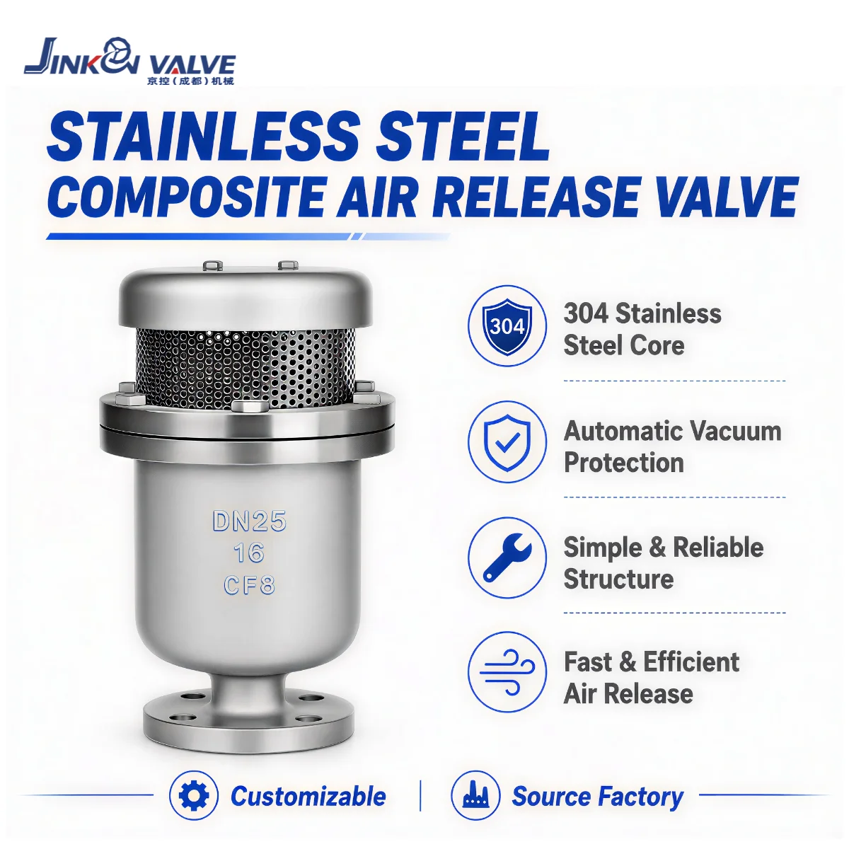 SS304 Stainless Steel Composite Air Release Valve Manual Air Vent Valve CARX-16 for Water Pipeline System