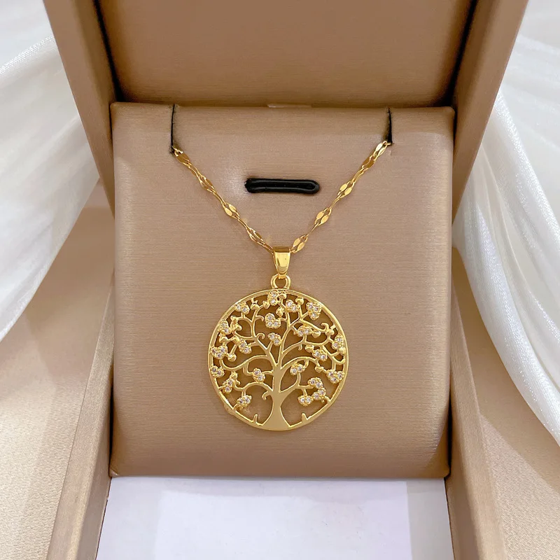 High Quality 18k Gold Plated Stainless Steel Tree Necklace Jewelry Luxury  Hollow Zircon Tree of Life Necklace for Women