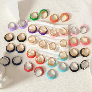 18K Gold Plated Luxury Women's Retro Oil-Drop Earrings Mixed Colors All-Match Fashion Light Enamel Hoop Earrings Stainless Steel