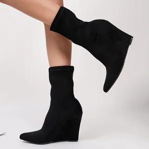 BUSY GIRL QLD26 Custom Winter New Suede Wedge Heel Elastic Boots Plus Velvet Women Boots Warm High Heel Short Boots for Women