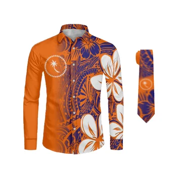 1 MOQ Drop Shipping Polynesian Samoan Tribal Design Custom Fashion Business Wedding Men Long Sleeve Blouses Loose Shirt Necktie