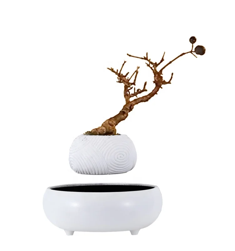 Nordic Unique Handmade White Ceramic-like Smart Decor Resin Garden Magnetic Floating Levitating Flower Pot Bonsai Pot