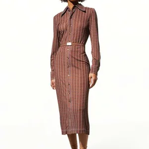 Manufacturer Wholesale Vintage Elegant Stylish Custom Dotted Striped Print Long Sleeves Belted Waist Shirt Midi Dress