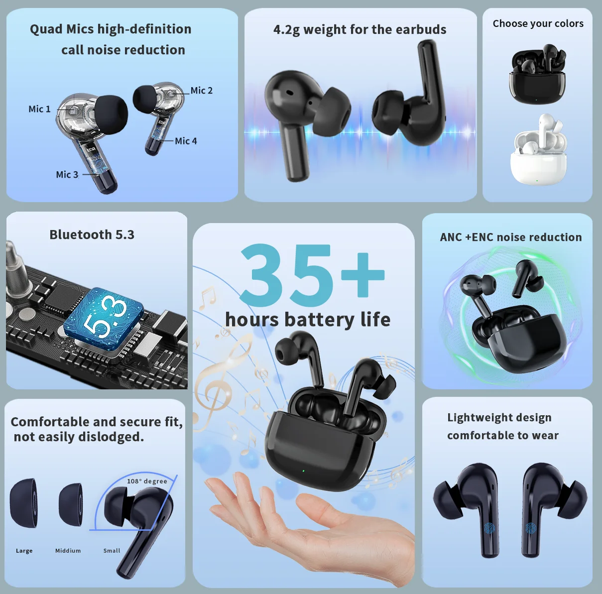 A60 ANC ENC Mini In-ear Noise Cancelling  Headset Long Battery Life Deep Bass Low Latency Quad Mics IPX5 TWS Wireless Earbuds