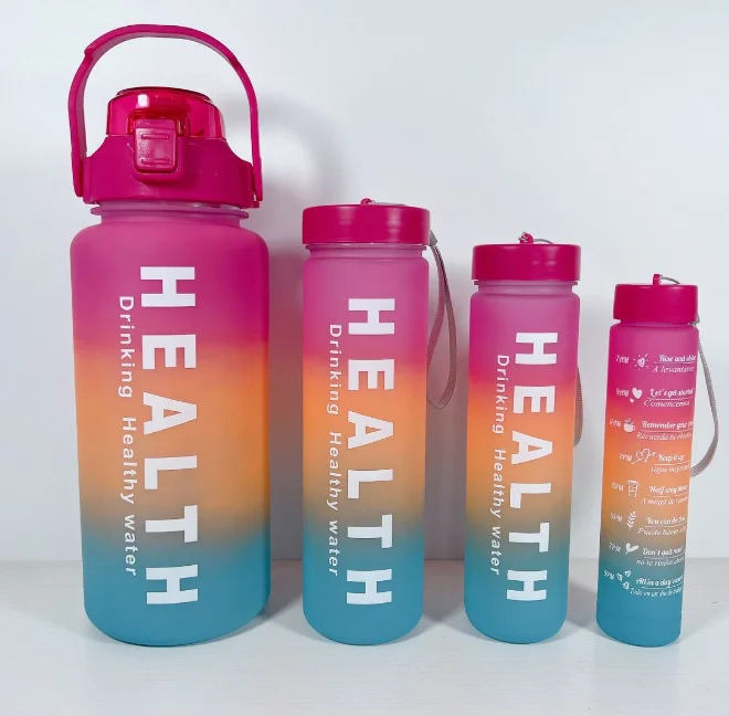 New Design Custom Logo Men Women Fitness Gym Sports Water Bottles Set 4pcs Plastic Motivation Water Bottle With Time Marker