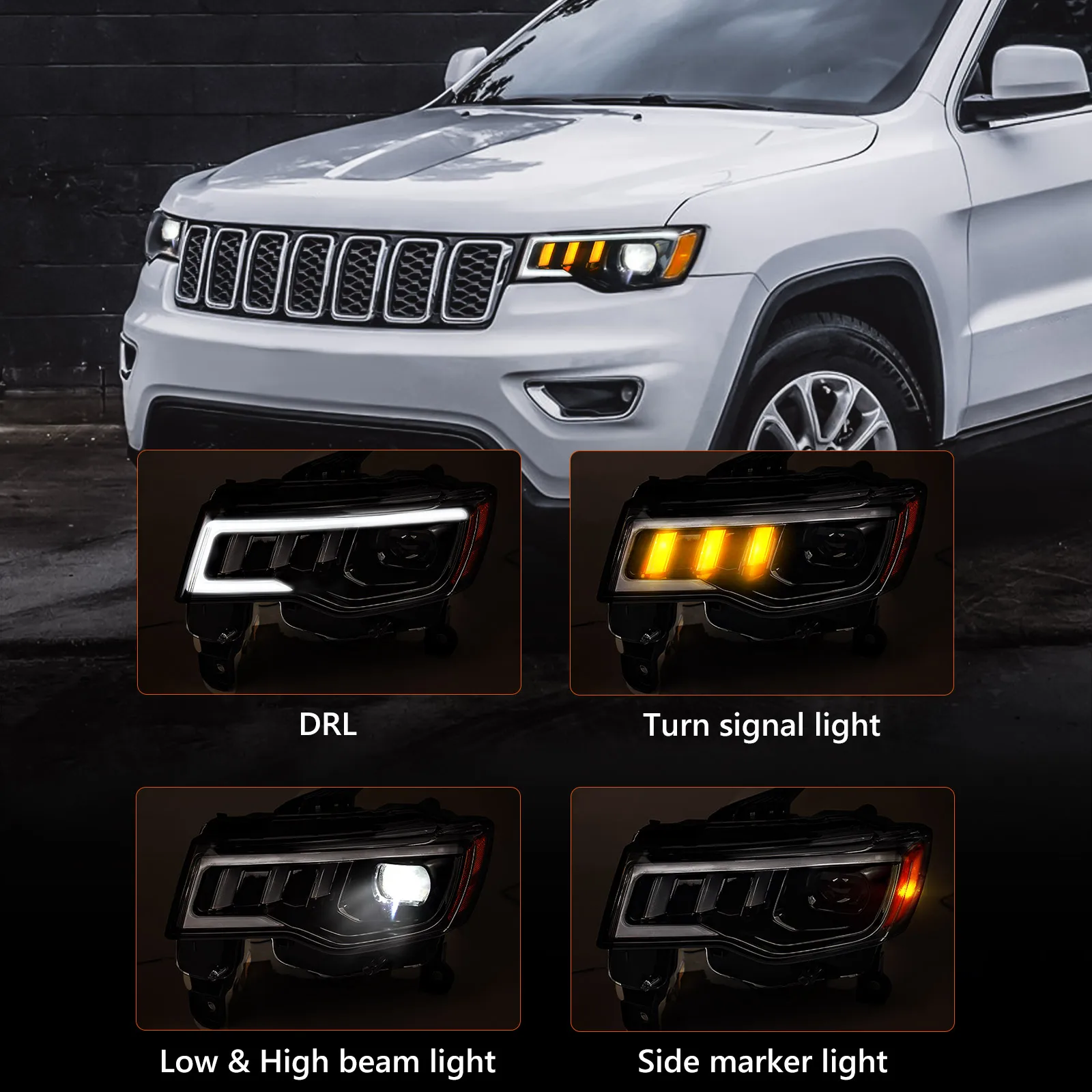 Headlight For Jeep Grand Cherokee Headlights 20172021 Led Sequential Start Up Turn Signal Car