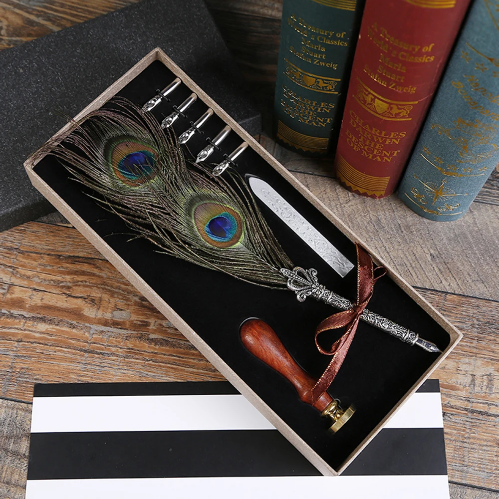 Europea-style Gothic Vintage Natural Peacock Feather Metal Stem Nibbed ...