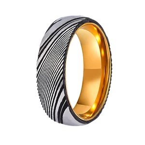 8mm Comfort Fit Premium Handcrafted Stainless Etched Damascus Steel Band Black With 18K Gold-Plated Mens Wedding Ring