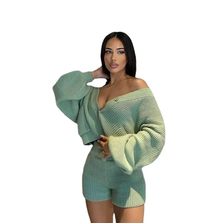 Осенний Повседневный вязаный свитер кардиган Женский комплект из 2