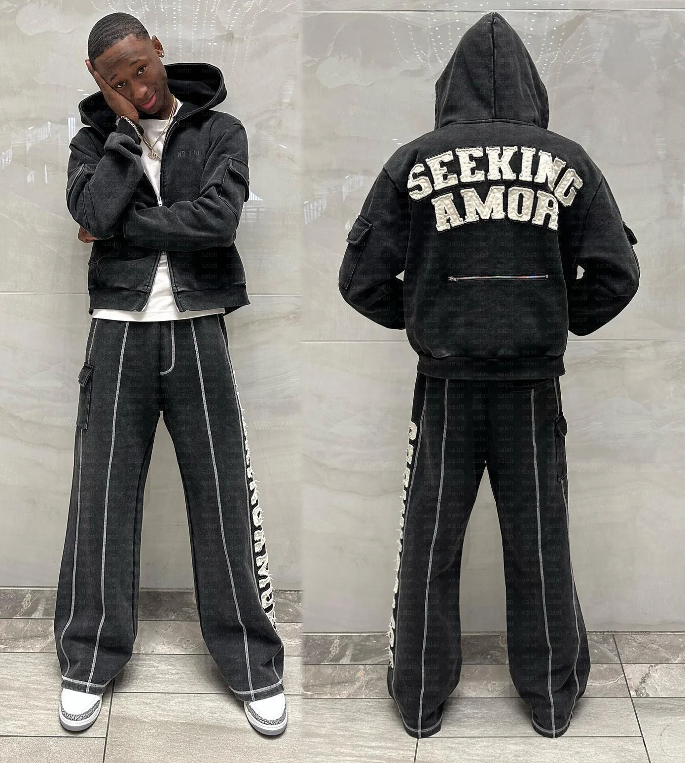Sweatsuits 2pcs Jogging Suits Zip up Applique Embroidery Cotton Acid Wash Tracksuit Cargo Flare Sweatpants and Hoodie Jogger Set gallery 3
