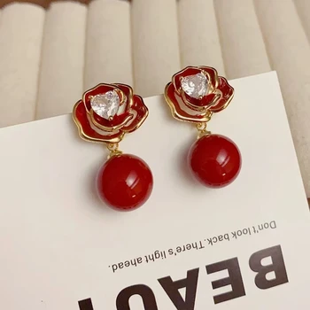 Needle French Retro Romantic Red Flower Earrings Love Cube Zirconium Pearl Festive Fashion Dangle Mainly Made Brass