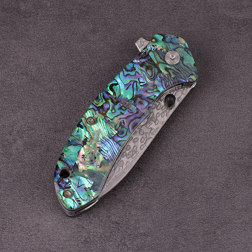 Exquisite Natural Shell Handle Key Knife Damascus Steel Women Portable Self Defense Folding Pocket Knife