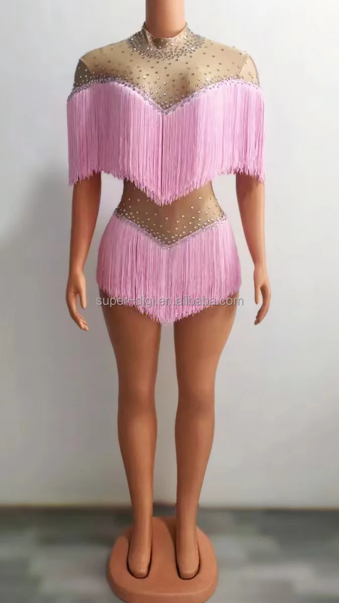 Tassels Short Romper Dance Wear See Through Backless Crystal Birthday