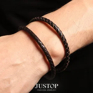 TRENDY Magnetic Stainless Steel Locker Strand Bracelet for Men Fashion PU Leather Braided Pattern Bangle Gift