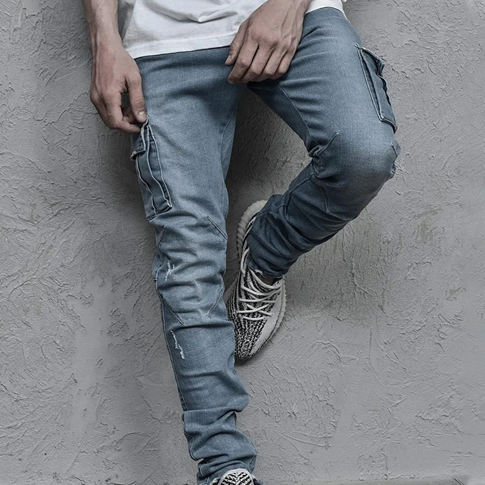 Moda estilo coreano hombres clásico Casual bolsillo de pierna Jeans Skinny  Slim Fit Denim Top Street Pantalones