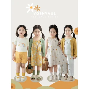 YOEHYAUL X4348 Factory Wholesale Sunflower Print Kids Girl Dress Clothes Set T-shirt and Pants Custom Logo Toddler Girls Outfits