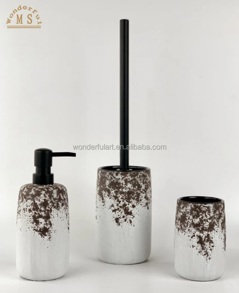 Luxury Ceramic Bathroom Accessories Sets 3 Pieces Set Toilet Brush Tumbler Lotion Bottle Dolomite Bathroom Sets for Home