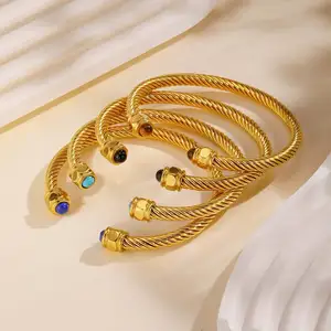 Minimalist Natural Stone Tiger's Eye Stone Twisted Hand Cuff Bracelet Stainless Steel Open Bangles Cuff Bangle for Men Women