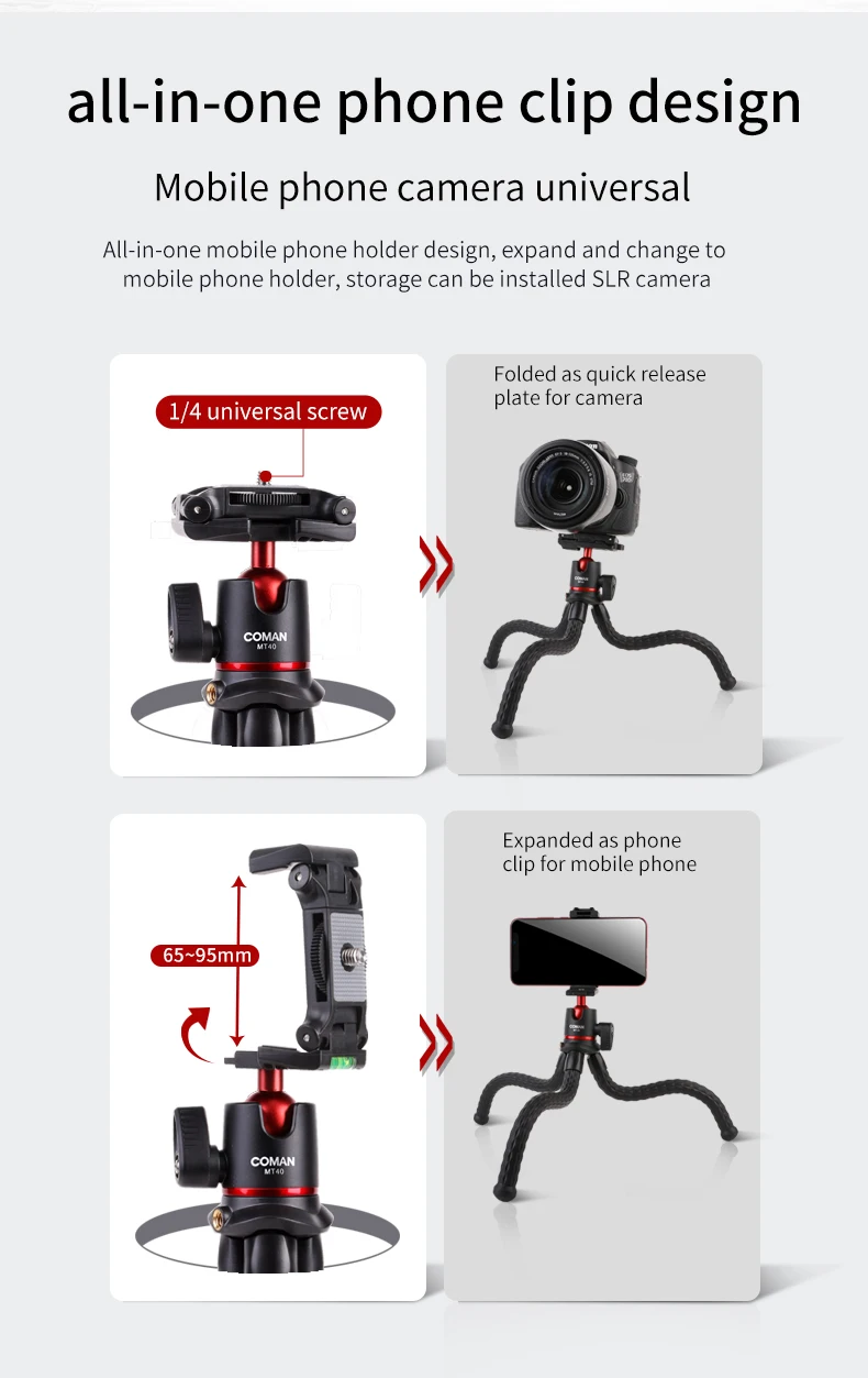 Coman Portable Flexible Vlogging Kit Video Recording Mini Octopus Tripod Stand Camera Smartphone Tripod For Mobile Phone