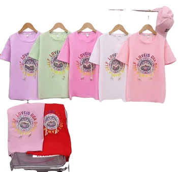 Summer new round neck cute and playful bow knot cartoon print comfortable cotton short sleeved girl T-shirt