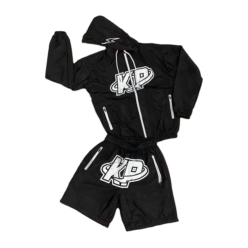 OEM Custom Windbreaker Suit Two Piece Short Set Zip up Jacket Sweatsuit Nylon Zipper Track Suit Windbreaker Tracksuit for Men gallery 5