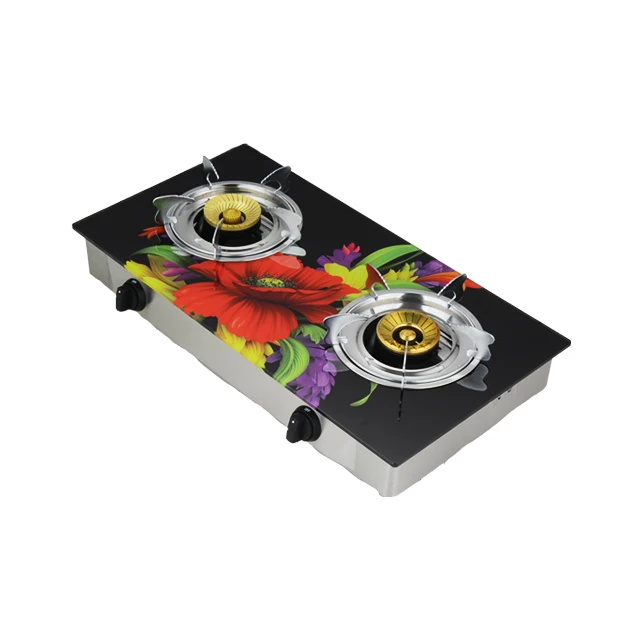 Hot Sale Fancy Tempered Glass  Stainless Steel Panel Professional Cast Iron Double burner Gas Stove