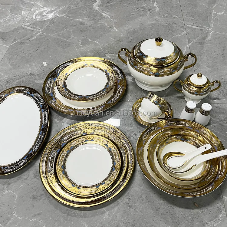 Tableware Dinner Plate Electric Machine Golden New Bone China Dinner Set 109pcs Dinnerware Luxury Porcelain for 12 Person