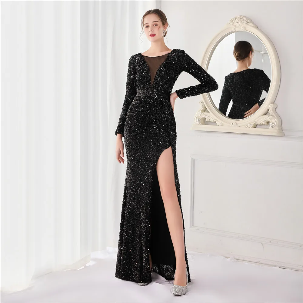 chinese dress ladies Evening Party Dresses for Women Long Sleeve Sequin Side Split main image 1