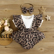 Summer Infant Ribbed Short-sleeved Romper Suit with Leopard Print and Ruffled Trim