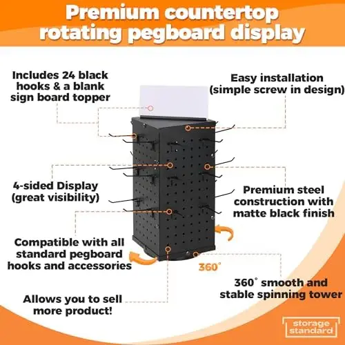 Rotating Pegboard Display Stand With 24 Hooks Metal Peg Board Displays Stands for Retail Vendors Selling & Shows