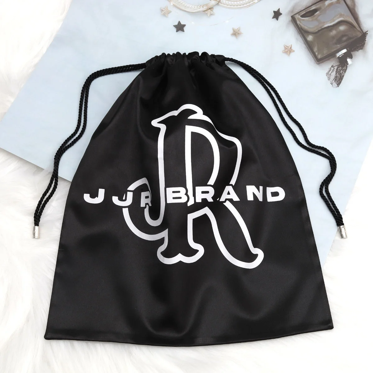 Custom Logo Printing Large Black Silk Drawstring Dust Shoe Bag Hair Extension Wig Underwear Hat Packing Clothes Soft Satin Pouch