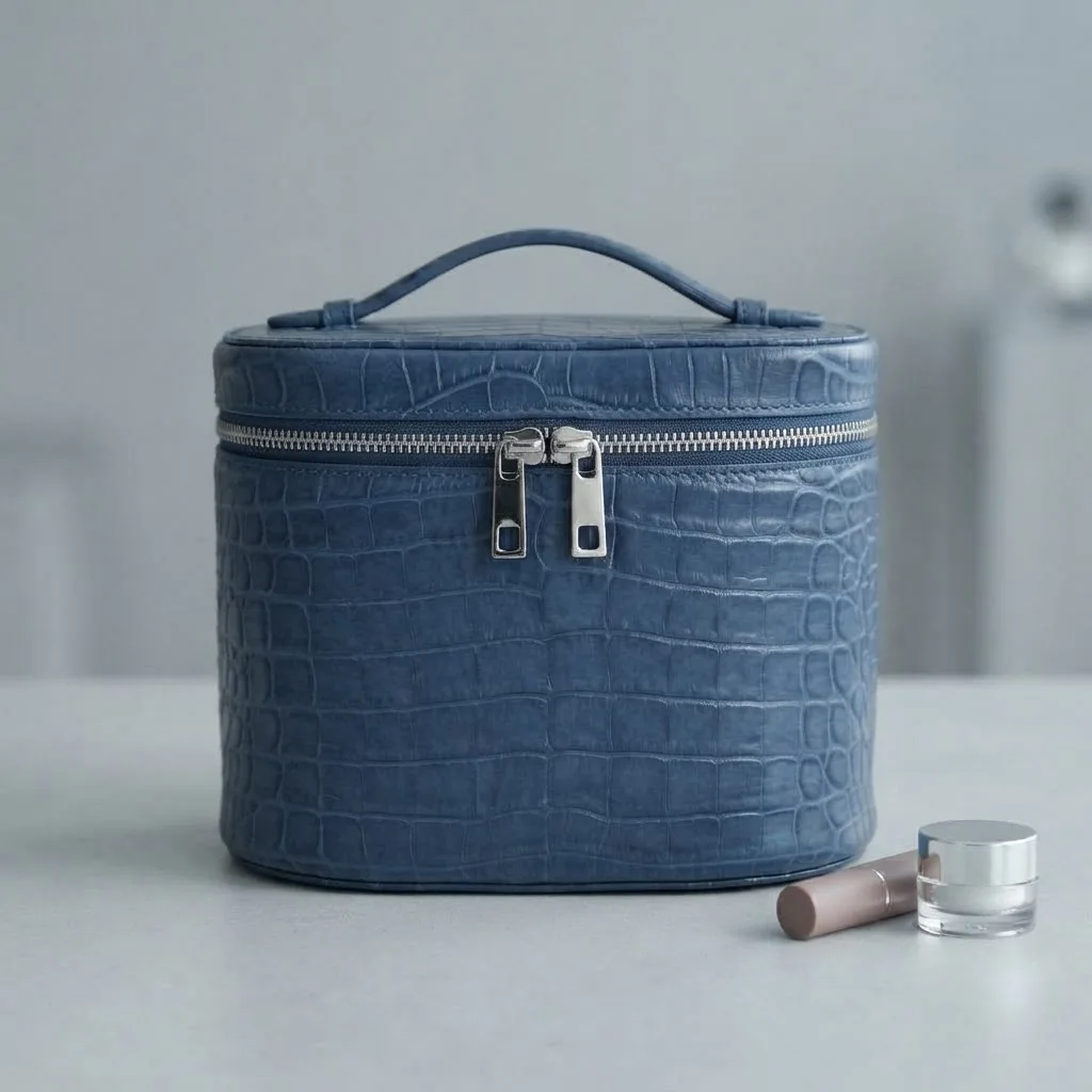 Bolsa cosmética personalizada OEM de cuero PU con estampado de cocodrilo en azul marino, duradera y elegante, para mujeres, ideal para viajes y uso diario