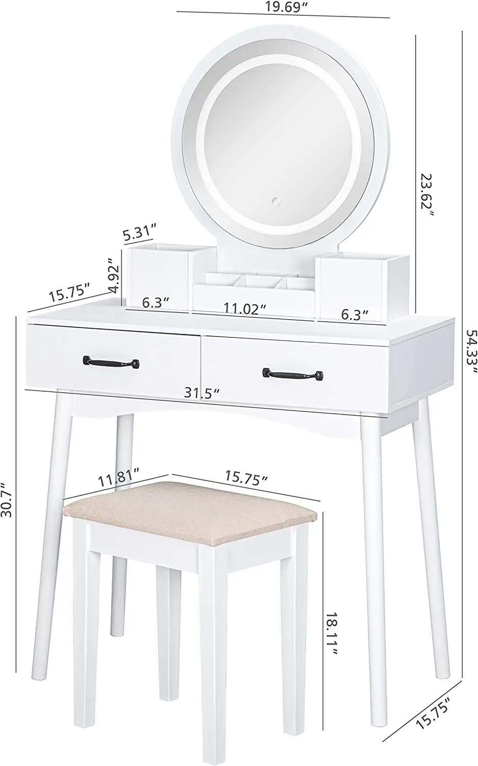 White Dresser Vanity Desk With Lighted Mirror Makeup Vanity Table Set
