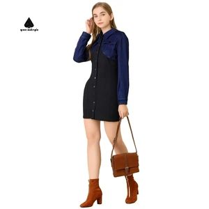 High Quality Casual and Fashionable Front Button Ladies Dress Spring Fall Women's Washed Patchwork Shirt Denim Dress