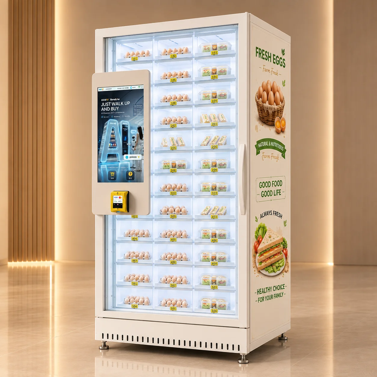 Fabriekskoelkast voor broodjesautomaat en verse groentenautomaat, koelkast/koelcel met Pax-kaartlezer, geschikt voor de Verenigde Staten