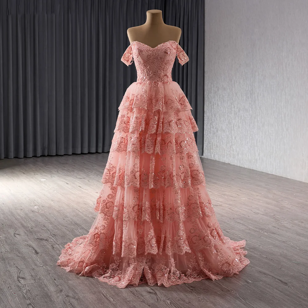 Pink Crystal Evening Dress With Prom Dress Lace Ruffles