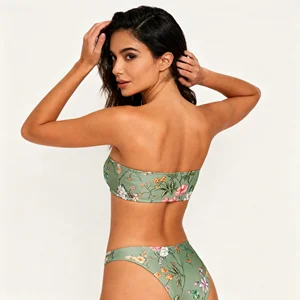 Classic High Waist Bandeau Bikini 2-Piece Set for Women-Striped Spandex/Nylon Swimwear & Beachwear