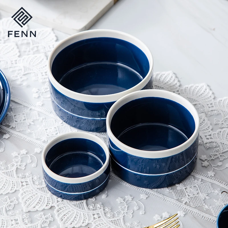 FENN nordic style round shape straight ceramic salad fruit soup bowl gloss blue porcelain bowls with hand-painted white rim