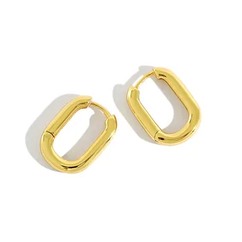 Gold Plated Filled Fashion Hoops Women Luxury Geometric Simple Oval 925 Sterling Silver Earrings