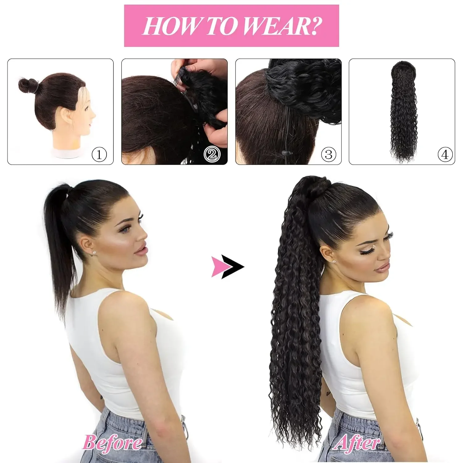 Extensii de coadă de cal creță cu clips în șnur coadă de cal perucă 100% păr uman real lung onduleu adânc coadă de cal perucă pentru femei_voghion.com