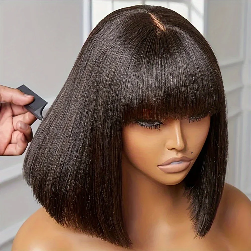 Brazilian Straight Bob Lace Wigs 100% Human Hair Bangs Fringe Middle Part Realistic Scalp_voghion.com