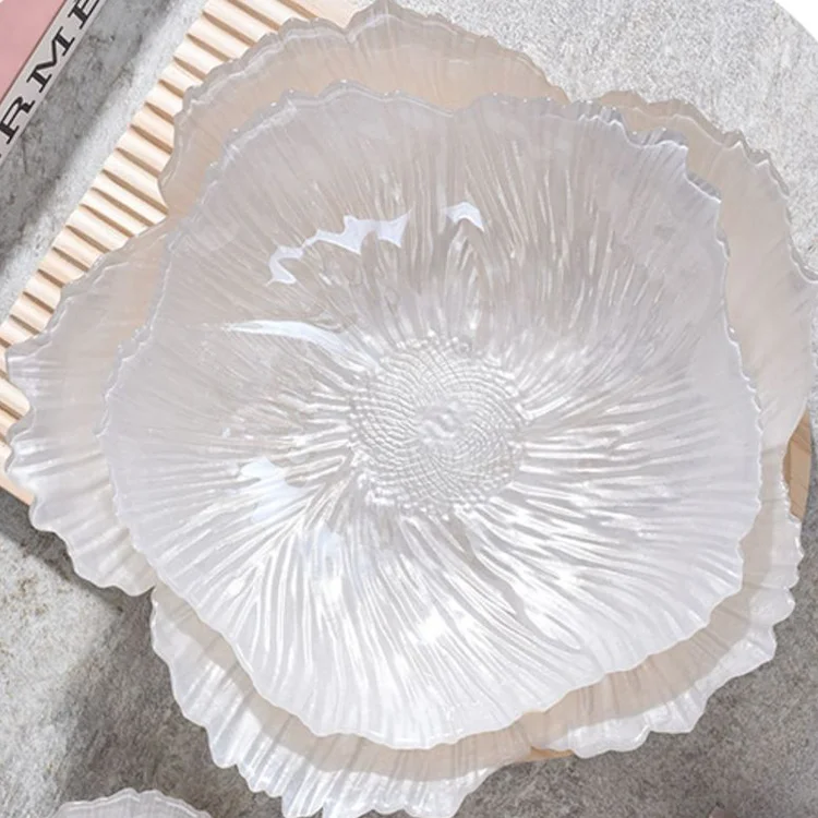 Pearl White Glass Plate Big Size Kitchenware Pearlescent Snack Creative Candy Fruit Plate Flower Crystal Plate