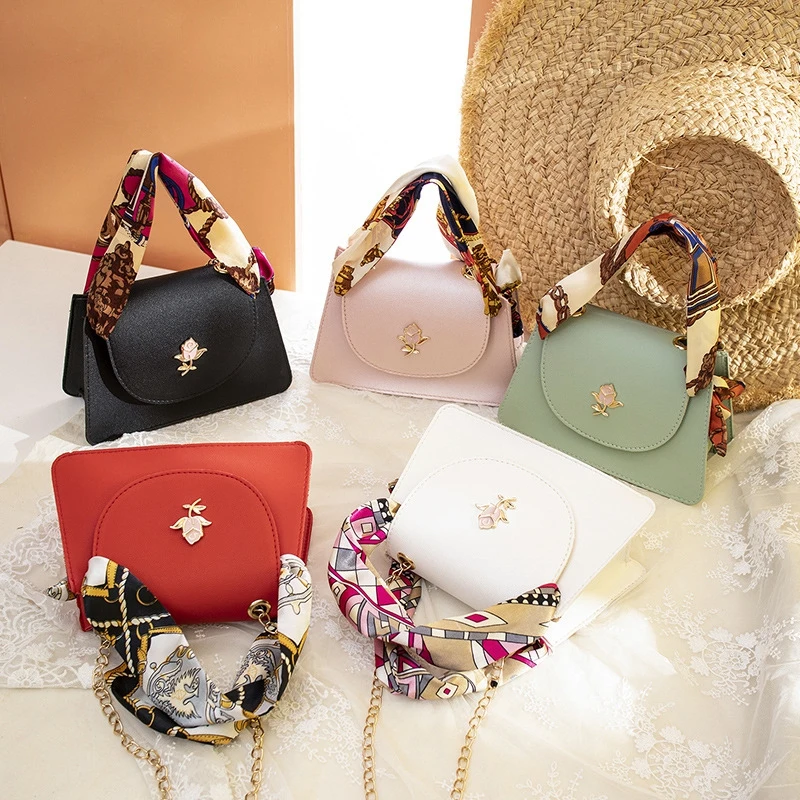 Girls Fashion Mini Square Bag Handbag With Silk-like Scarf Handle