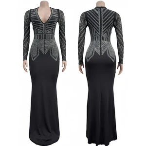 New Design Black Evening Gown Long Sleeved V-Neck Long Dress Sequin Decoration Slim Fit Women's Dress