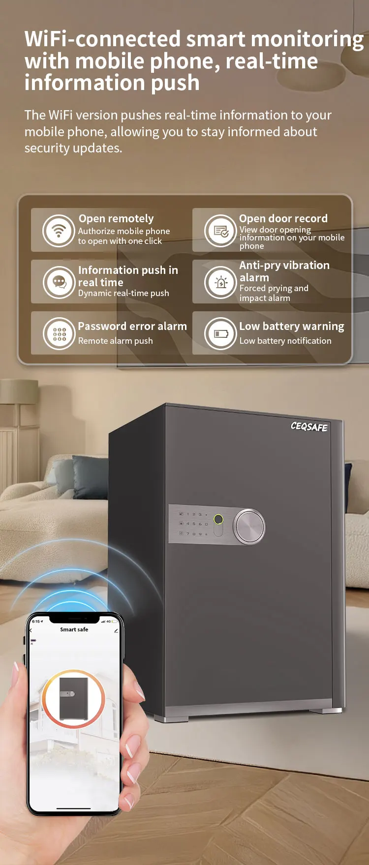 CEQSAFE Hot Sale Safe Metal Security Safe Box Fingerprint Key Safe Luxury Smart TUYA APP WIFI Safe Box factory
