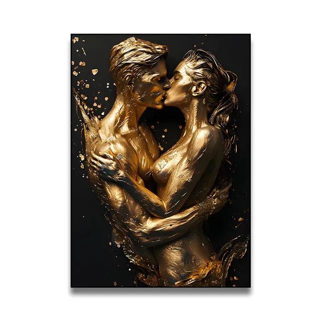 Golden Kissing Couple lover Sculpture Art Decoration Painting Modern Light Luxury Wall Art Bedroom Painting with frame