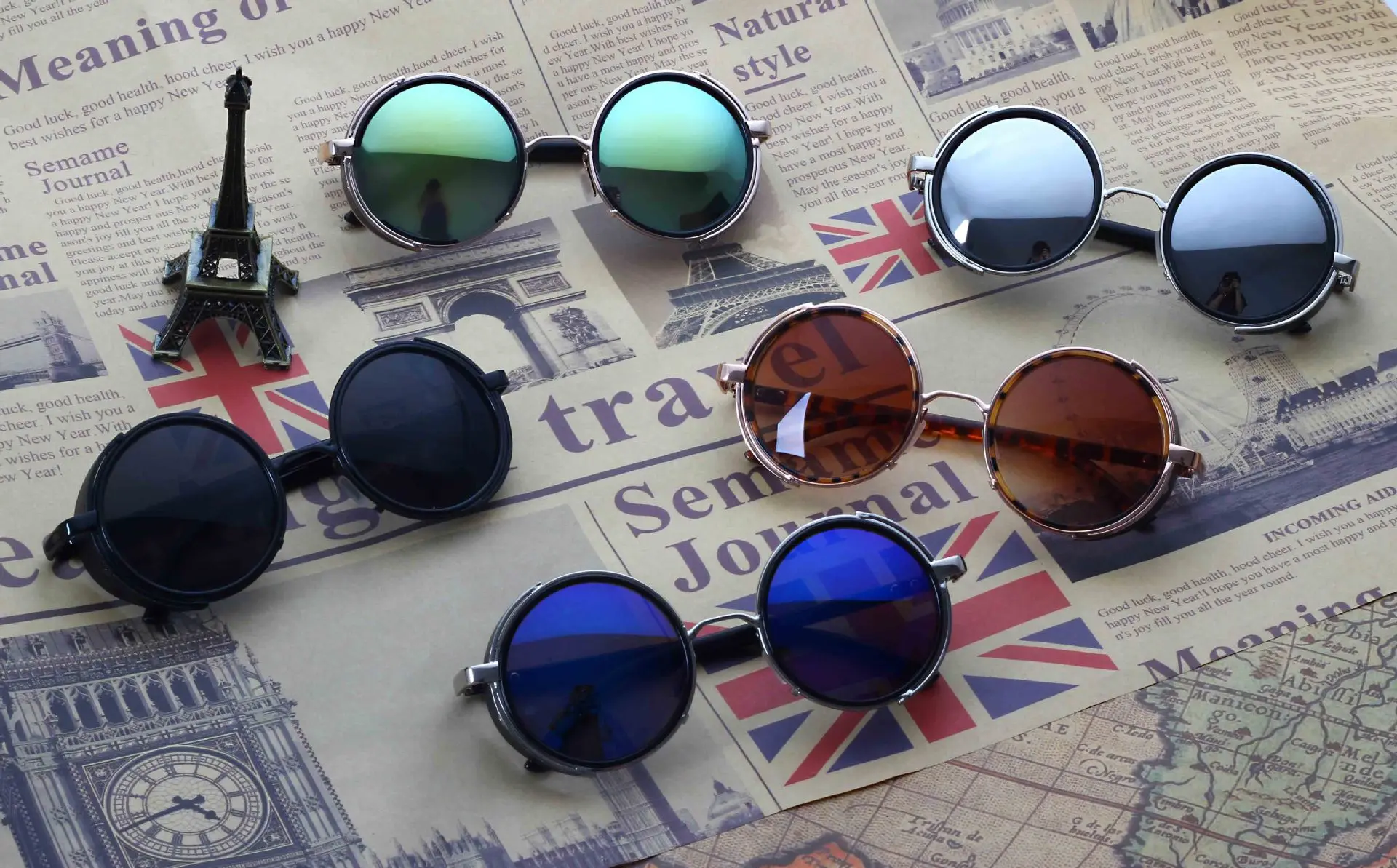 Old School Design Mirror Retro Punk Glasses Side Blinder Round Vintage Mens Sunglasses Steampunk Men