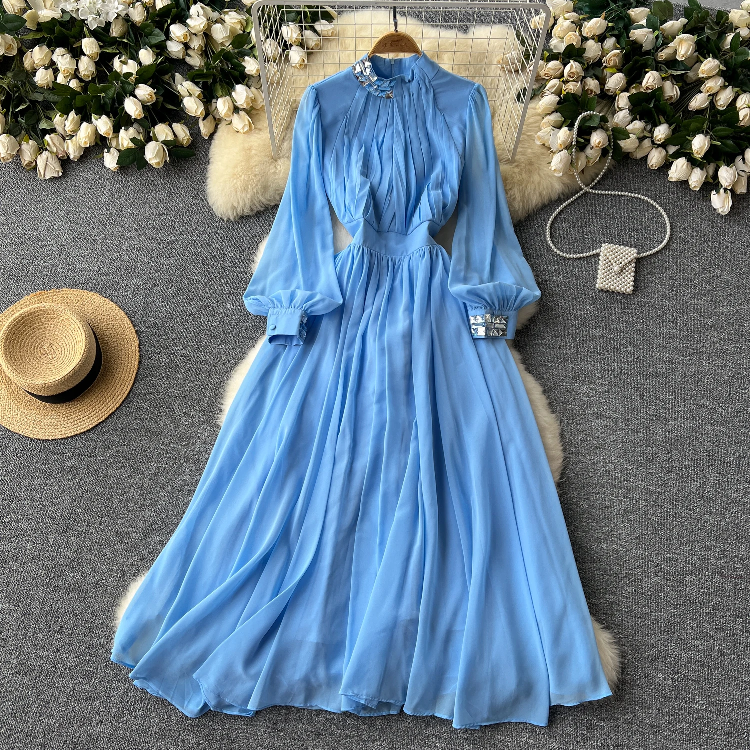 LE2579 Women Boutique Pleated Elegant Party Dresses Female Diamond-Embedded  Lantern Long Sleeve Chiffon Evening Gown Women Dress