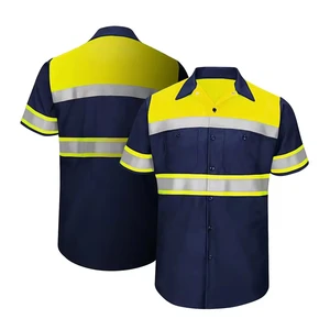 Two Tone Industrial Mining Construction Work Shirt Reflective Workwear 100% Cotton Yellow Navy Safety Shirts With Hi Vis Tapes