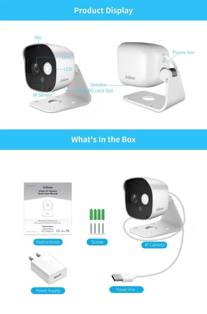 Sricam SriHome SH029 - Cámara WiFi IP inalámbrica infrarroja 3.0 megapíxeles HD IR CUT ONVIF P2P compatible con SD Audio